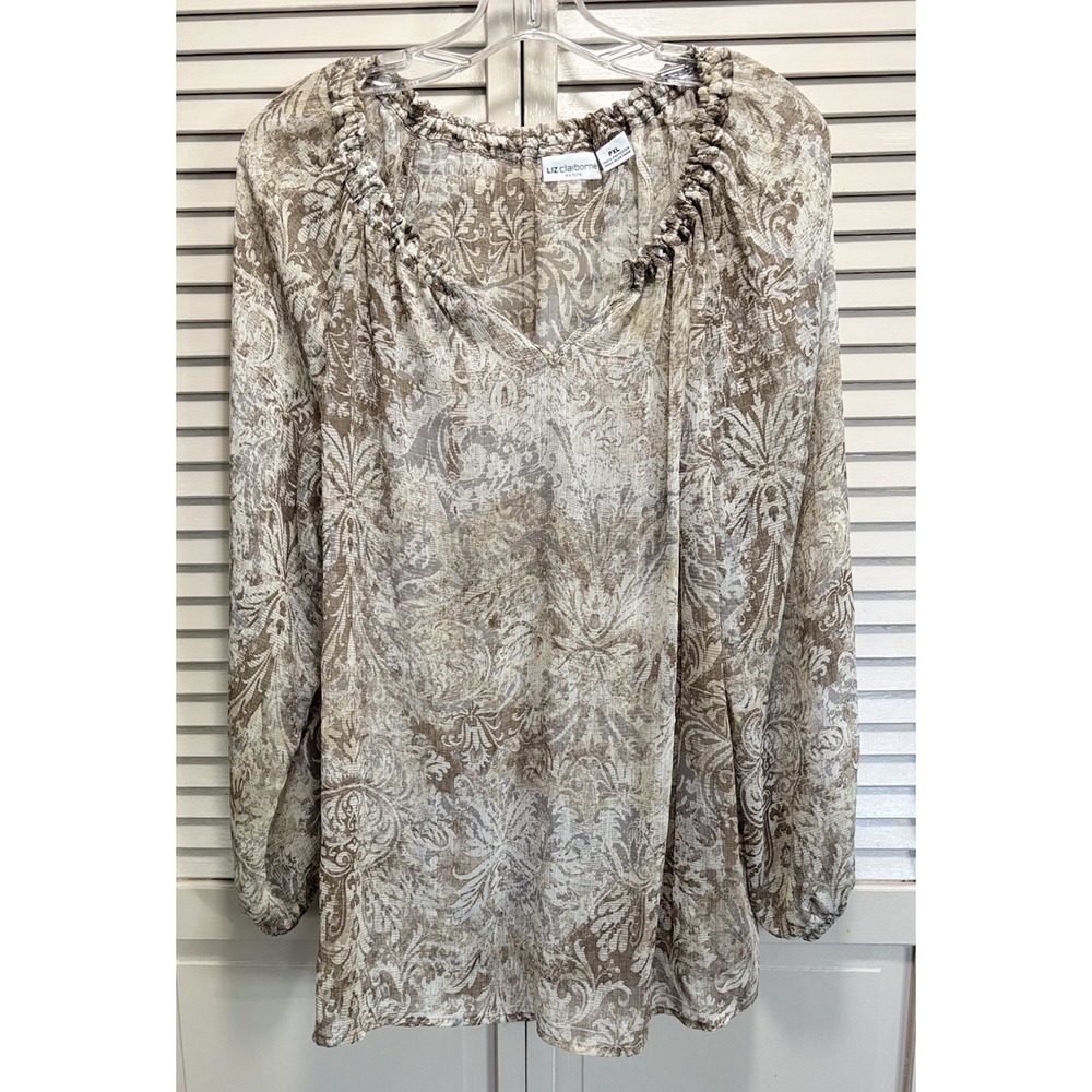 Liz Claiborne Paisley Chiffon Long Sleeves Blouse Size PXL Button Up Ruffle Neck